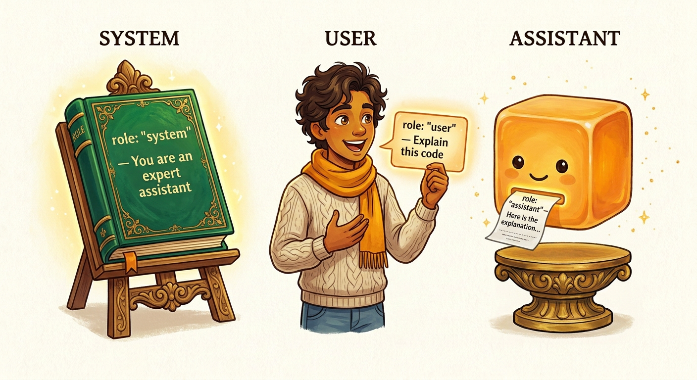 The Three Message Roles: System rulebook setting baseline rules, User holding prompt card, and Assistant emitting response receipt
